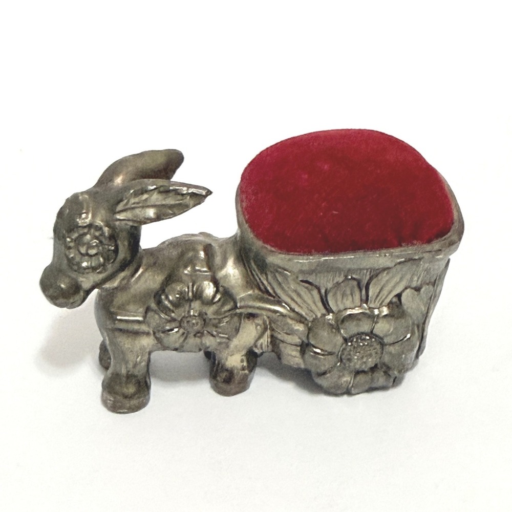Vintage Donkey Pulling Cart Pin Cushion Silver Tone Metal Red Velvet Sunflower